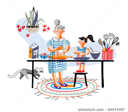 Happy grandma and granddaughter cooking in kitchen Happy grandma and granddaughter cooking in kitchen 66074997