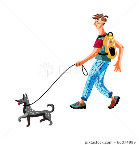 Young man walking dog on leash isolated on white Young man walking dog on leash isolated on white 66074999