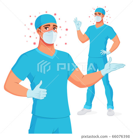 Medical doctor in scrub, mask, gloves showing thumbs up and OK. Protection from Covid-19. Vector illustration. 66076398