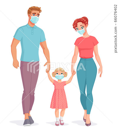 Family wearing masks to protect from Covid-19. Vector illustration. Family wearing masks to protect from Covid-19. Vector illustration. 66076402