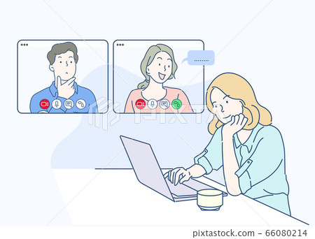 A girl use laptop computer and video call with partner. she work from home because infection control virus covid-19. Hand drawn thin line style, vector illustrations. A girl use laptop computer and video call with partner. she work from home because infection control virus covid-19. Hand drawn thin line style, vector illustrations. 66080214