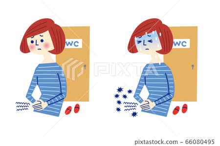 A woman suffering from abdominal pain 66080495