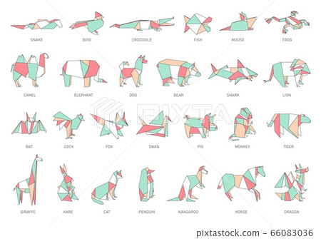 Set of animal paper origami in flat style with snake and bird, crocodile and fish, mouse and frog. 66083036