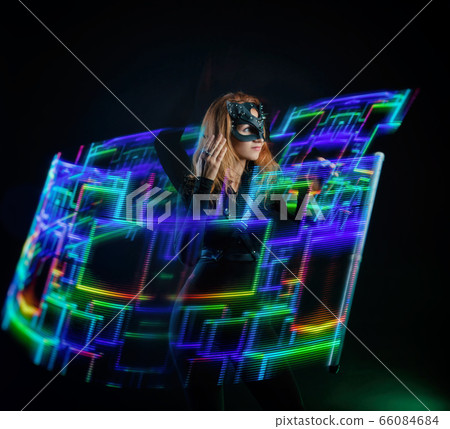 Pixel light show dancing girl in a cat costume for Halloween freezelight 66084684
