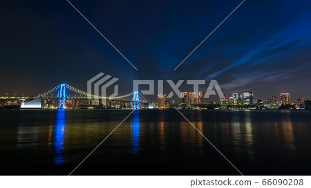 Night view of Rainbow Bridge Blue light up From Toyosu Gururi Park 66090208