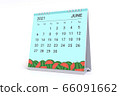 3D Rendering - Calendar for June with watermelon theme. 2021 Monthly calendar week starts on sunday. 66091662