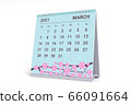 3D Rendering - Calendar for March with flower theme. 2021 Monthly calendar week starts on sunday. 66091664