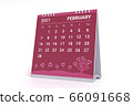 3D Rendering - Calendar for February with valentine theme. 2021 Monthly calendar week starts on sunday. 66091668