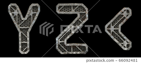 Mechanical alphabet made from rivet metal with gears on black background. Set of letters Y, Z and symbol left angle bracket. 3D Mechanical alphabet made from rivet metal with gears on black background. Set of letters Y, Z and symbol left angle bracket. 3D 66092481