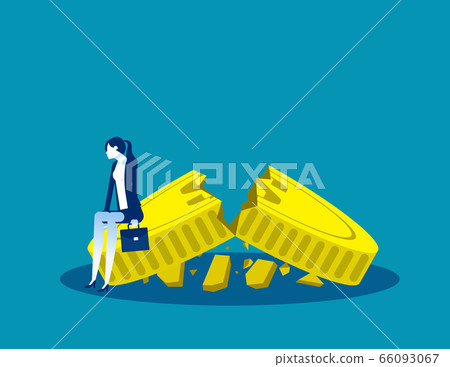 A businesswoman sitting on a broken coin. A businesswoman sitting on a broken coin. 66093067
