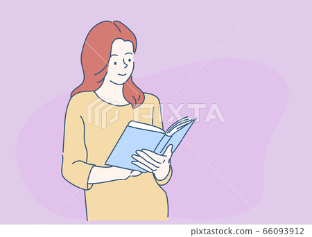 Young happy woman reading a book and smiling. Hand drawn in thin line style, vector illustrations. Young happy woman reading a book and smiling. Hand drawn in thin line style, vector illustrations. 66093912