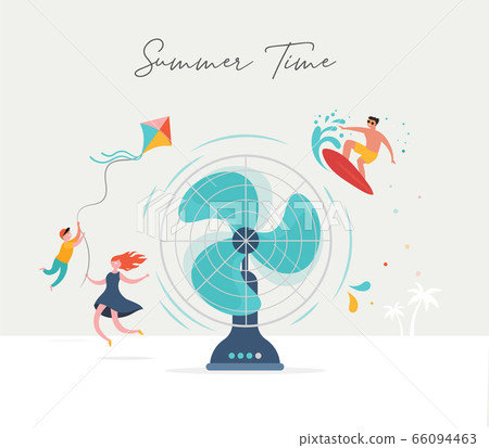 Summer scene, group of people having fun around a huge fan, surfing, swimming in the pool, drinking Summer scene, group of people having fun around a huge fan, surfing, swimming in the pool, drinking 66094463