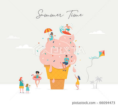 Summer scene, group of people having fun around a huge ice cream, surfing, swimming in the pool 66094473