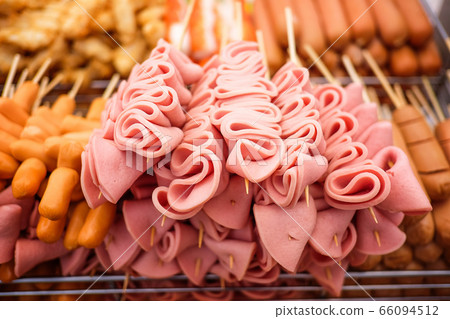 Meat ball, Sausage and ham on a stick 66094512