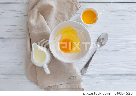 Ingredients for making pancakes, butter, flour, 66094526