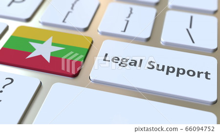Legal Support text and flag of Myanmar on the computer keyboard. Online legal service related 3D rendering 66094752