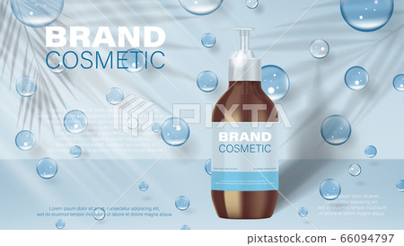 Liquid hand wash ads, cosmetic product package design for poster advertising. Dispenser clean bottle with transparent bubbles on soft blue background in 3d illustration 66094797