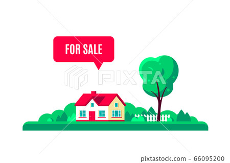 Summer landscape with country house and sign for sale. Flat style vector. 66095200