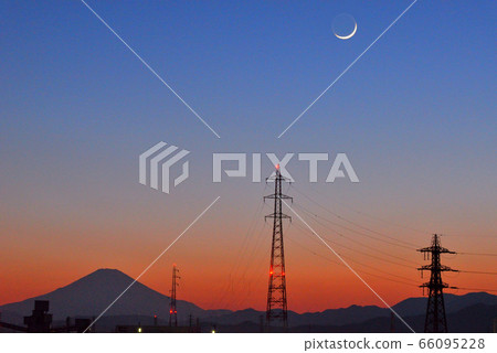 Deep blue sky, Mt. Fuji and crescent moon 66095228