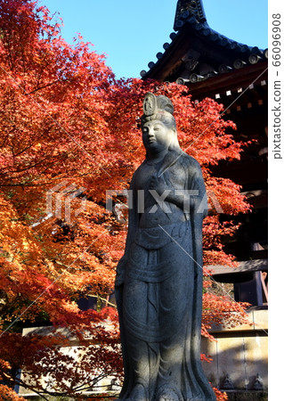 A statue of Kannon in the autumn colors = Kiyodaiji Temple in Katsuyama City, Fukui Prefecture 66096908