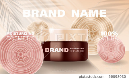 Face cream cosmetic bottle ads. Cosmetic product package design for poster advertising. Elegant banner with soft flowers. 3d illustration 66098080