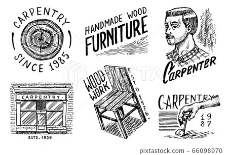 Wooden labels set for Workshop or signboards. Woodworker carpenter man, joiner and furniture and Wooden labels set for Workshop or signboards. Woodworker carpenter man, joiner and furniture and 66098970