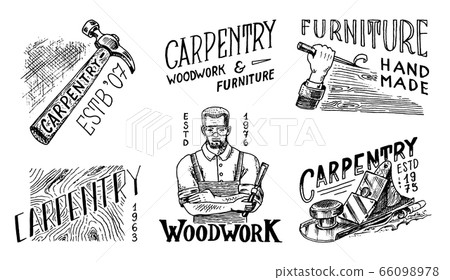 Wooden labels set for Workshop or signboards. Woodworker carpenter man, joiner and Hammer. Vintage Wooden labels set for Workshop or signboards. Woodworker carpenter man, joiner and Hammer. Vintage 66098978