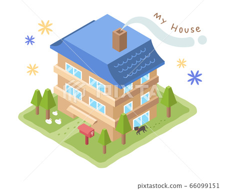 藍色屋頂（三層樓）的房子的插圖 66099151