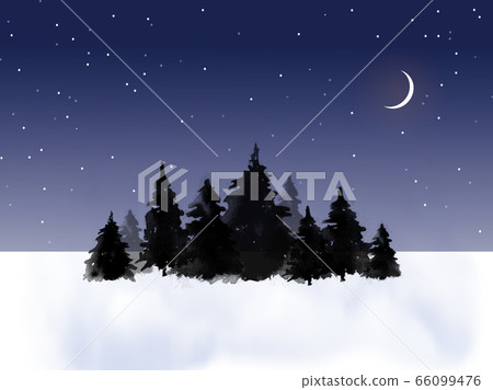Dark pine trees in winter field and night sky background with stars and crescent moon. Traditional oriental ink painting sumi-e, u-sin, go-hua. 66099476