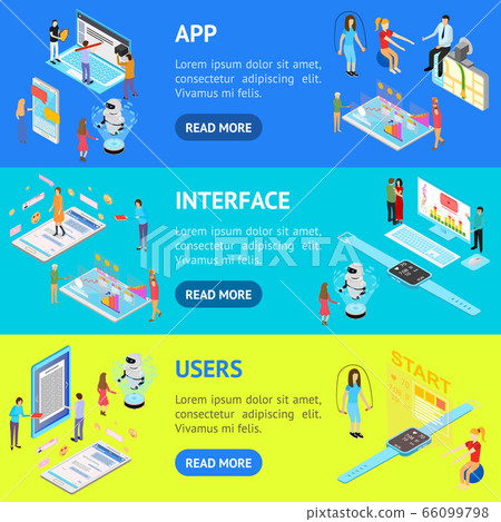 People and App Interfaces Concept Banner Horizontal Set 3d Isometric View. Vector People and App Interfaces Concept Banner Horizontal Set 3d Isometric View. Vector 66099798