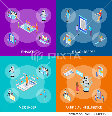 People and App Interfaces Concept Banner Set 3d Isometric View. Vector 66099800
