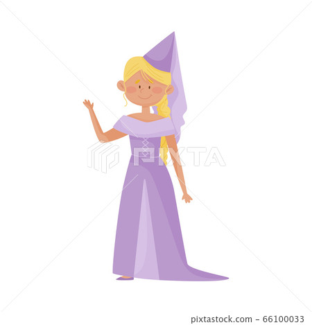 Smiling Princess with Blonde Hair Wearing Cone Shaped Hat and Dressy Look Garment Vector Illustration 66100033