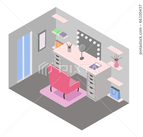 Isometric interior design of dressing room. Table, armchair, mirror, window, shelfs. Isometric interior design of dressing room. Table, armchair, mirror, window, shelfs. 66100437