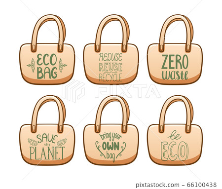 Beige textile eco bags with motivational ecology slogans set Beige textile eco bags with motivational ecology slogans set 66100438