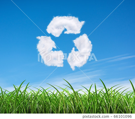 Clouds on the blue sky in shape of the symbol of recycling on green background. Protection nature and future concept. 66101096