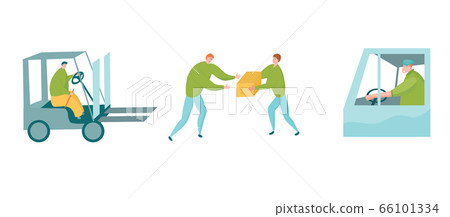 Delivery service workers. Forklift, messengers, driver in cabin 66101334