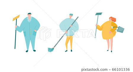 Cleaning company workers in uniform and overalls, with mop and broom. Cleaning company workers in uniform and overalls, with mop and broom. 66101336