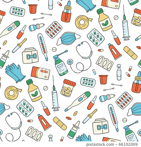 Meds, drugs, pills, bottles and health care medical elements. Color seamless pattern Meds, drugs, pills, bottles and health care medical elements. Color seamless pattern 66102009
