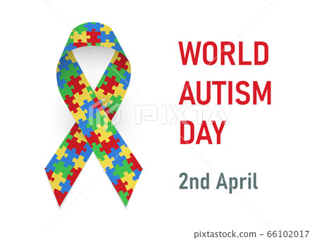 World Autism Day. 2 april. Card with colorful satin puzzle ribbon and text. Vector illustration 66102017