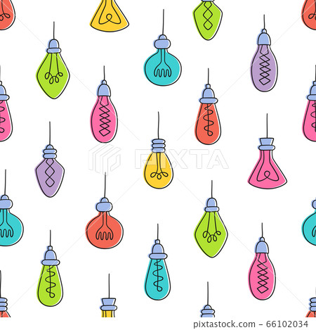 Hand drawn seamless pattern of Light Bulbs. Color Loft lamps in doodle style. Hand drawn seamless pattern of Light Bulbs. Color Loft lamps in doodle style. 66102034