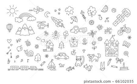 A set of children drawings. Kid doodle. Sun and rainbow over the mountains, knight castle and other objects. Vector A set of children drawings. Kid doodle. Sun and rainbow over the mountains, knight castle and other objects. Vector 66102035