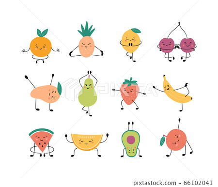 Cute Apple kid in yoga pose. Funny vector cartoon fruit in headphones  character isolated on a background. Eating healthy and fitness. Stock  Vector | Adobe Stock