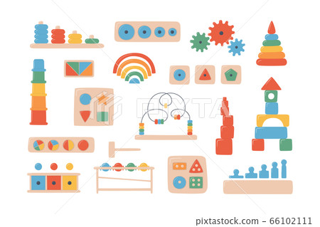 Children wooden toys for Montessori games. Education logic toys for preschool kids. Children wooden toys for Montessori games. Education logic toys for preschool kids. 66102111