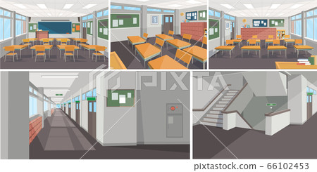 從學校的不同角度欣賞教室，走廊和樓梯的景色。學校內部背景例證。. 66102453