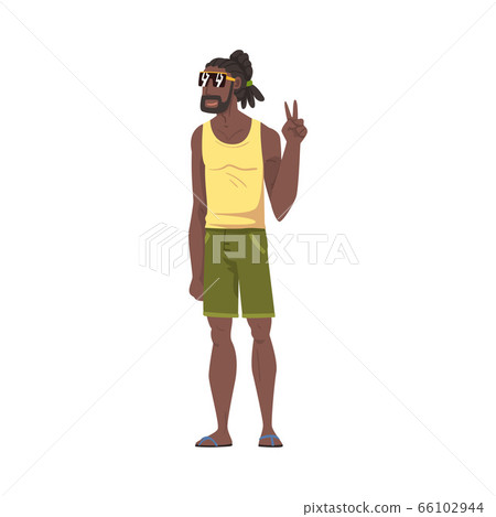 Relaxed African American Man Showing Victory Sign, Lounging Male Character Wearing Sleeveless Tank Top and Shorts Ready to Enjoy His Leisure Vacation Cartoon Vector Illustration Relaxed African American Man Showing Victory Sign, Lounging Male Character Wearing Sleeveless Tank Top and Shorts Ready to Enjoy His Leisure Vacation Cartoon Vector Illustration 66102944