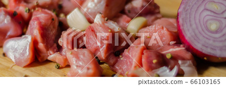 raw meat cut into pieces, pork prepared for raw meat cut into pieces, pork prepared for 66103165