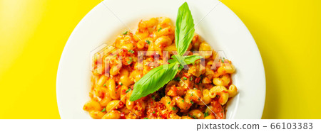 Cooked cellentani pasta with cooked chicken breast Cooked cellentani pasta with cooked chicken breast 66103383