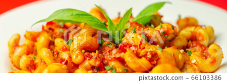 Cooked cellentani pasta with cooked chicken breast Cooked cellentani pasta with cooked chicken breast 66103386