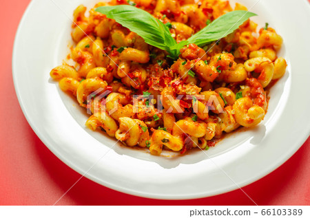 Cooked cellentani pasta with cooked chicken breast Cooked cellentani pasta with cooked chicken breast 66103389