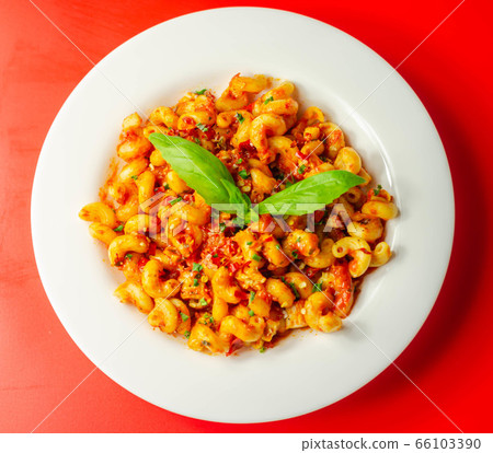 Cooked cellentani pasta with cooked chicken breast 66103390